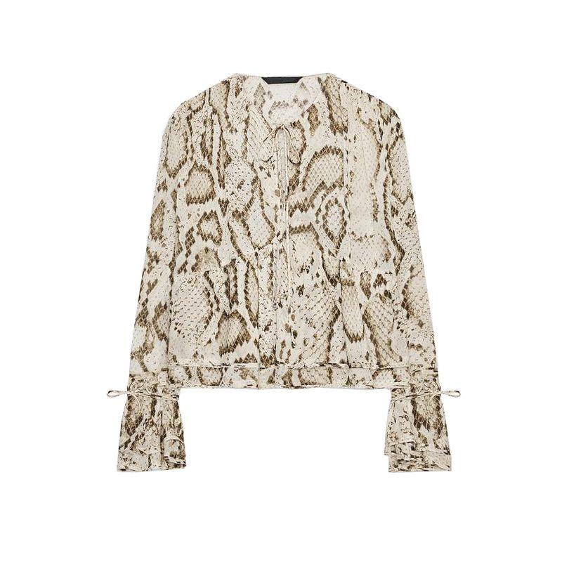 Round Neck Long Sleeves Animal Pattern Print Shirt 3716826 Mid-Waist Straight Translucent Pants 3660828