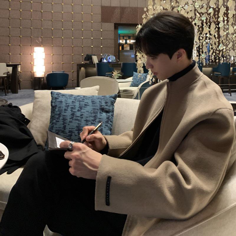 Men's Korean Style Wool Bomber Jacket - Spring Trend, Stand Collar, Solid Color, Cool & Handsome Design.