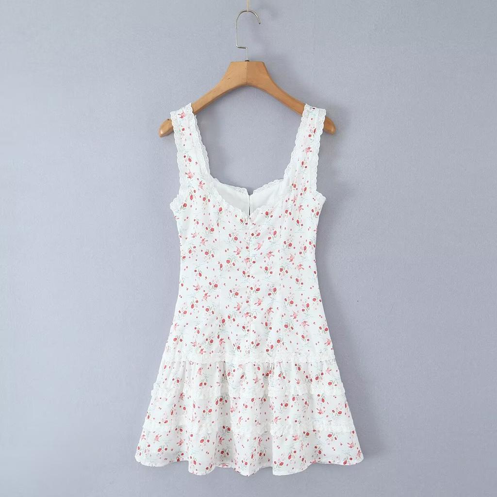 Französischer Urlaubsstil sexy Taille dünn Druckrock kurzer Rock Frühling und Sommer neues Spitzen-Trägerkleid