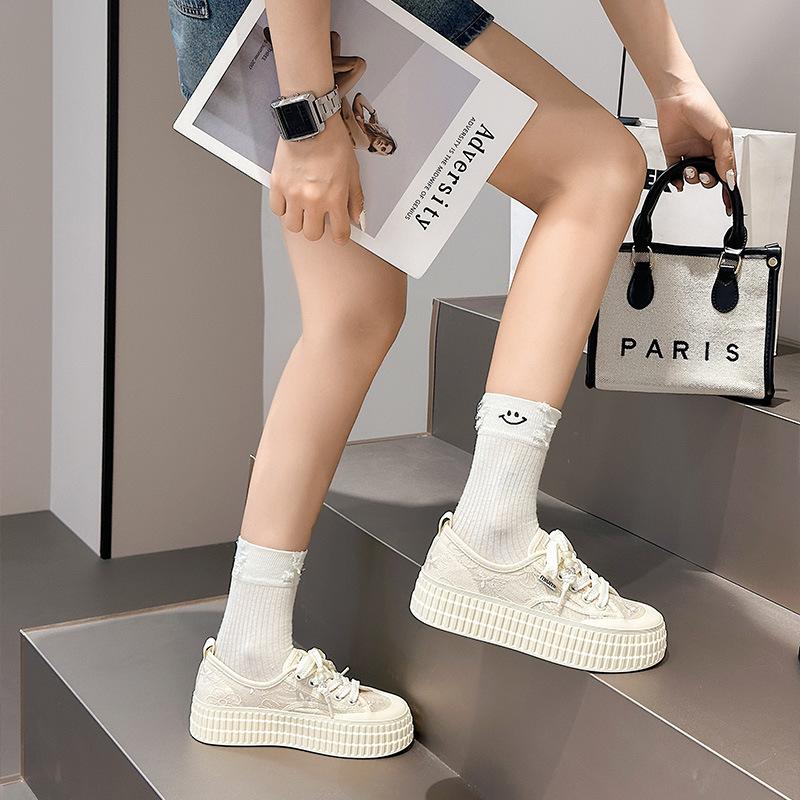 Korean lace mesh canvas shoes women's summer new thick-soled heightening hollow breathable fisherman shoes board shoes