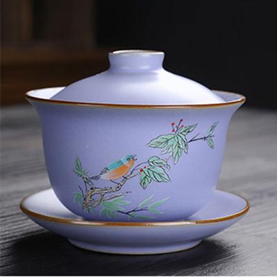 Traditional Ru Kiln Ceramic Tea Bowl, Tea Cups with Saucer, Travel Portable Gaiwan, Home Tea Ceremony Set, Drinkware, 150ml