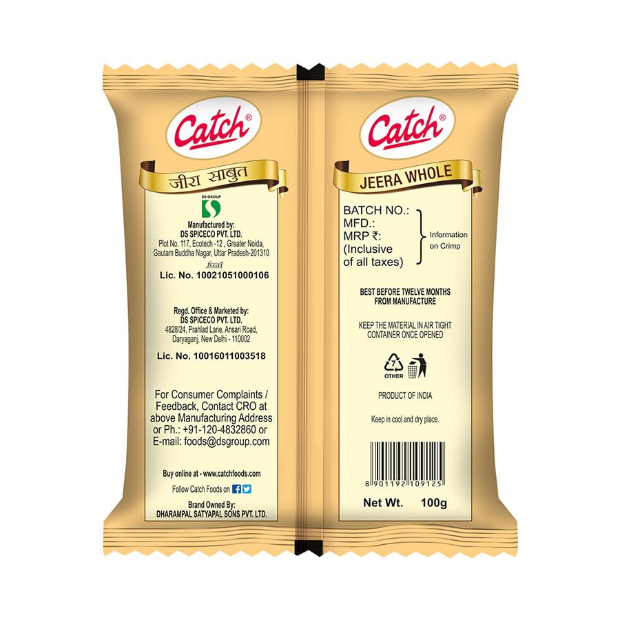 Catch Jeera Whole 100 G Pack of 1 Premium Indian Cumin Seeds for Cooking, Curries, and Flavorful Meals