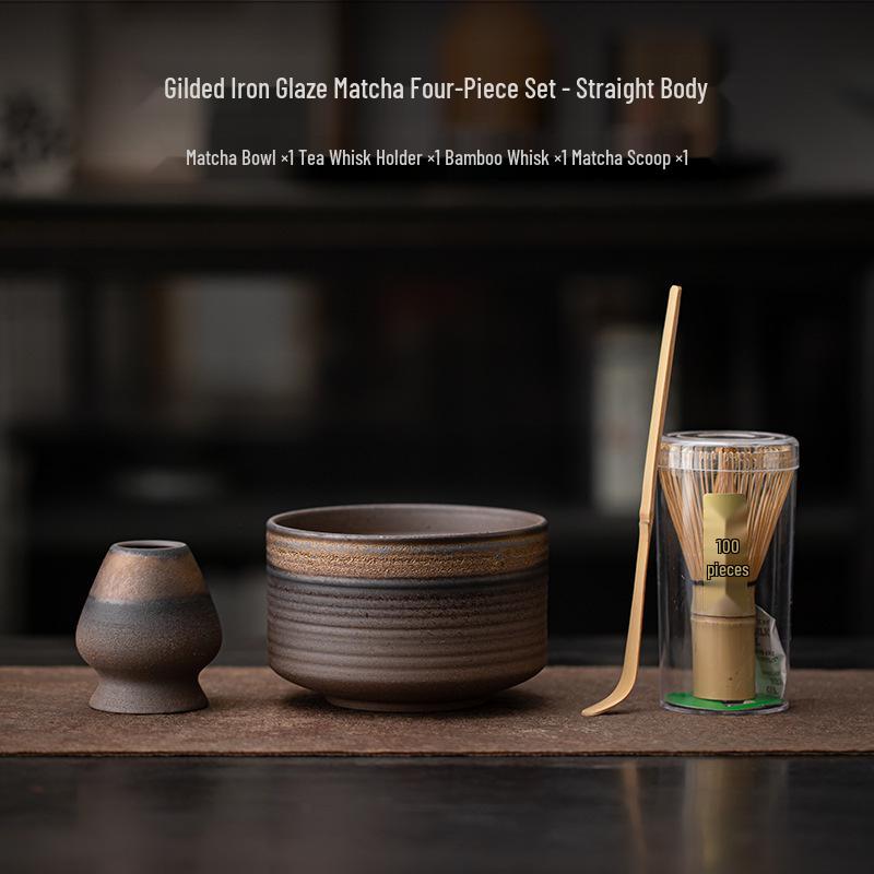 Gilded Iron Glaze Retro Matcha Tools: Tea Scoop, Matcha Bowl, Hundred Bristles Brush, Song Dynasty Tea Ceremony Set