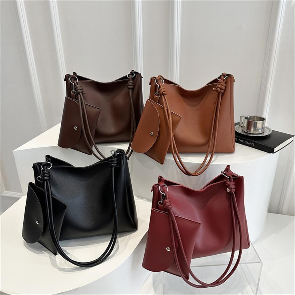 Two Sets Of Casual Solid Colour Large Capacity Retro Fashion Texture Shoulder Tote Bag For Women