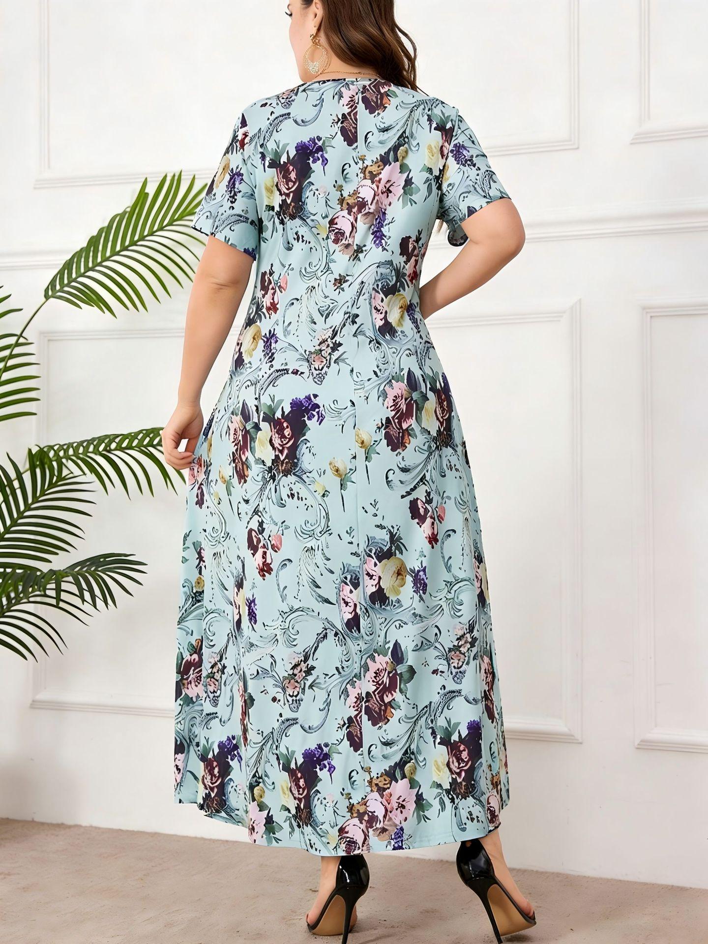2025 Summer Plus Size Women s Elegant Mint Green Printed Slimming Long Dress 4XL