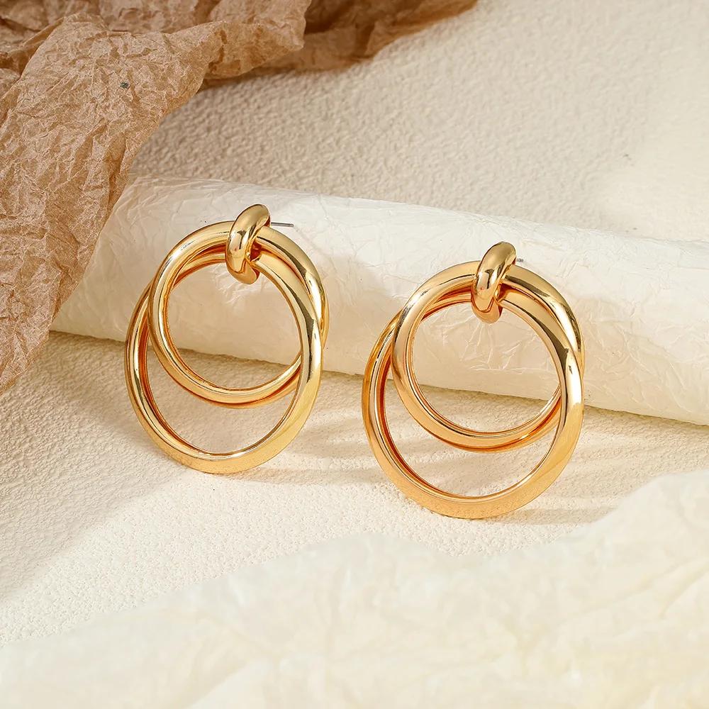 

Personality Design Retro Gold Color Geometric Double Circle Stud Earrings for Women Exaggerate Hip Hop Rock Dangle Zircon Gift золотой