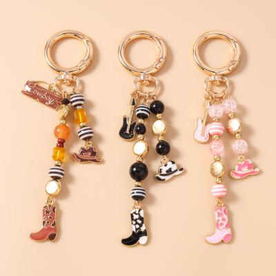 New Enamel Cowboy Hat Boot Keychain Women Girl Beads Key Ring Pendant for Handbag Charms DIY Key Holder Jewelry Gift