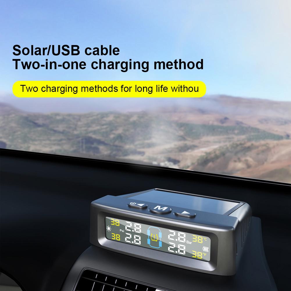 Tire Pressure Monitoring System with 4 Sensors USB/Solar TPMS Tire Pressure Monitor System for Car SUV Sedan