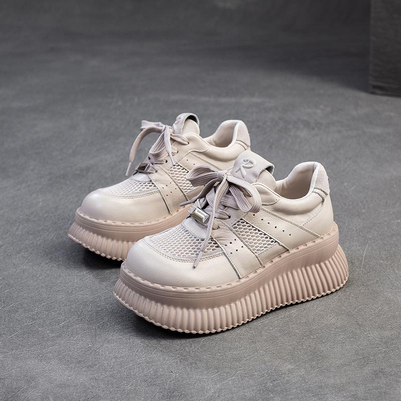 Fashion GKTINOO 2025 Spring New Thick Soled Increased Height Genuine Leather Splicing Breathable Mesh Women's Flat Platform Shoes