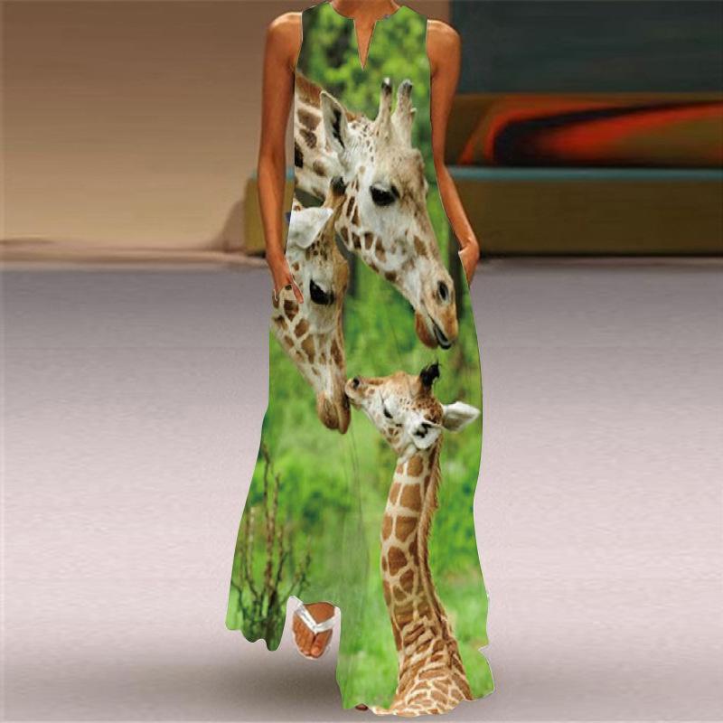 Vintage Dámské 3D tisk Boho Dlouhé šaty bez rukávů Letní móda Společenské šaty s výstřihem do V Dámské Ležérní Kapesní Tenké Vestido