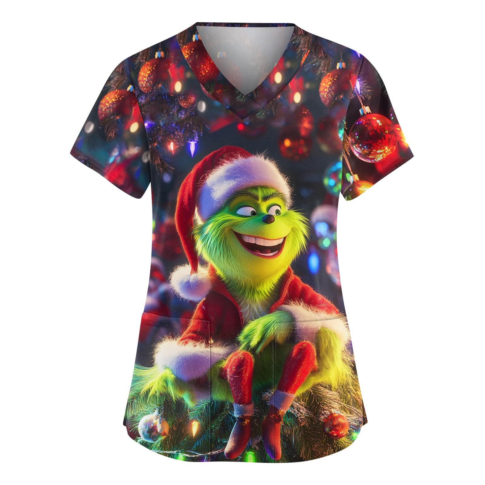 

Women s Fashionable V-neck Workwear Christmas Printed Short Sleeved Pocket Side Slit Workwear Basic Pullover Top L винний