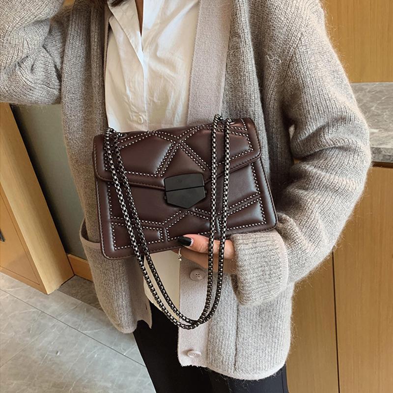 Yogodlns Rivet Shoulder Bags for Women Solid Color Chains Crossbody Handbag Leather Purse Tote