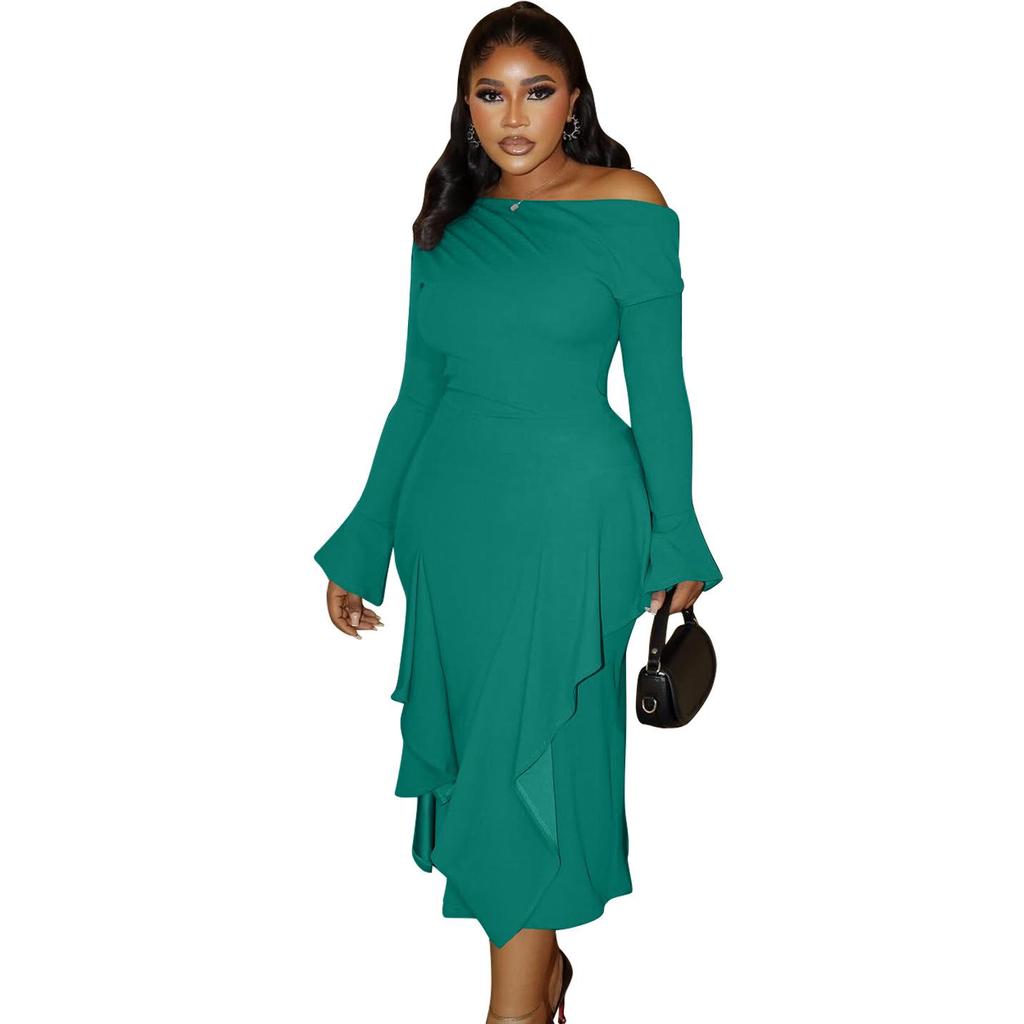 Elegant One-Shoulder Long-Sleeve High-Waisted Dress - 2025 European & African Style