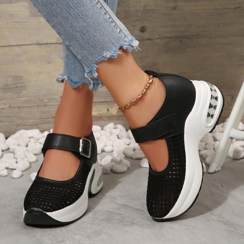 Fashion Breathable Hollow Out Casual Shoes Women 2025 Autumn Thick Bottom High Heel Mary Jane Shoes Thick Bottom Buckle Strap Sneakers