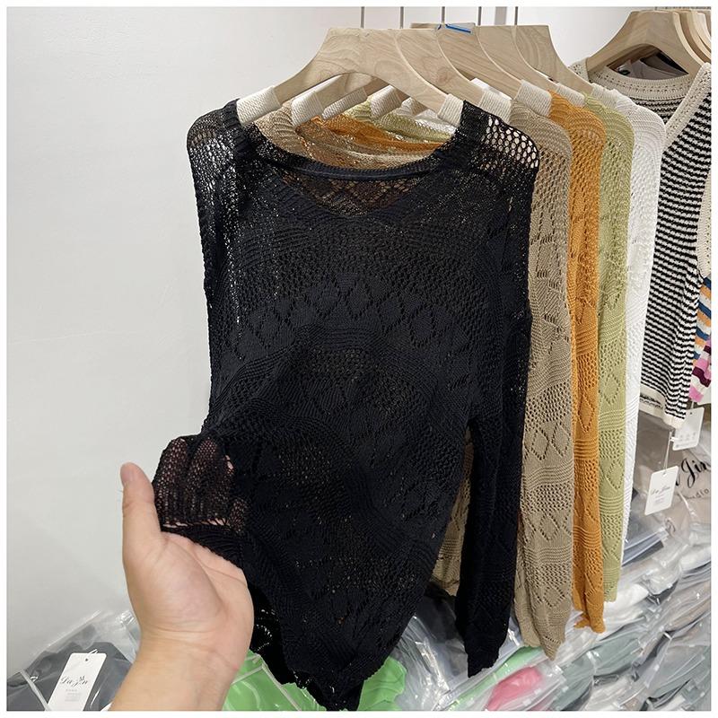 Spring Thin Long Sleeve Hollow Casual Knitted Sweater Women Elegant Solid Fashion Loose Pullover Sweaters Women Summer New Slim Simple Knitwear 26590
