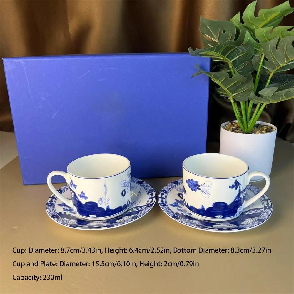 High-end Oriental Series Plate Coffee Cup And Saucer Mug Pink Purple Blue Printed Plate Cup And Saucer Suit Gift Box Tea Cup Set