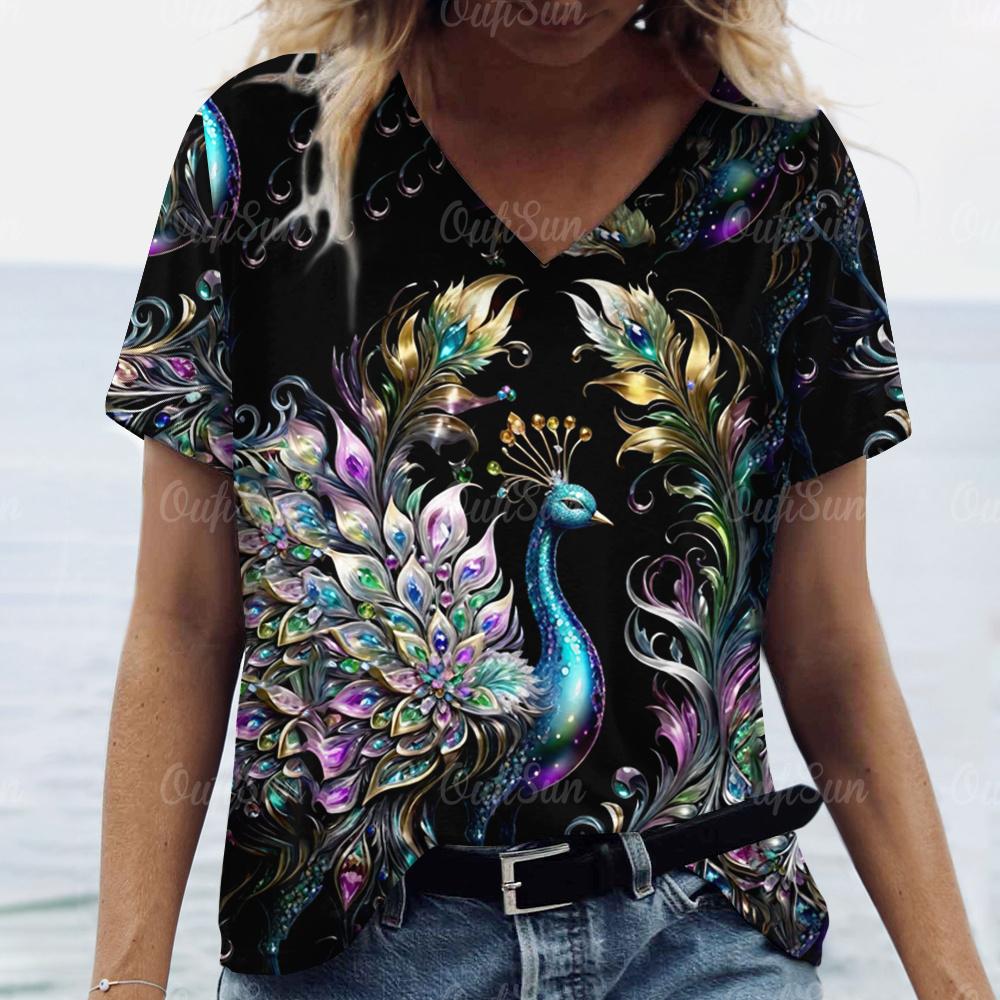 

Футболка для женщин с принтом павлина Топы Женская одежда Футболки Летние футболки с V-образным вырезом L