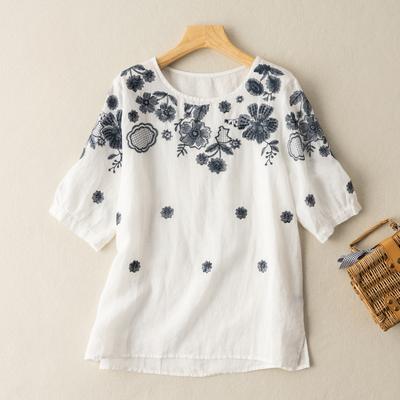 Γυναικείο Βαμβακερό Κεντημένο T-shirt Καλοκαίρι Μεγάλο Μέγεθος Φαρδύ Στρογγυλή Λαιμόκοψη Πουλόβερ Κοντομάνικο Τοπ Γυναικείο