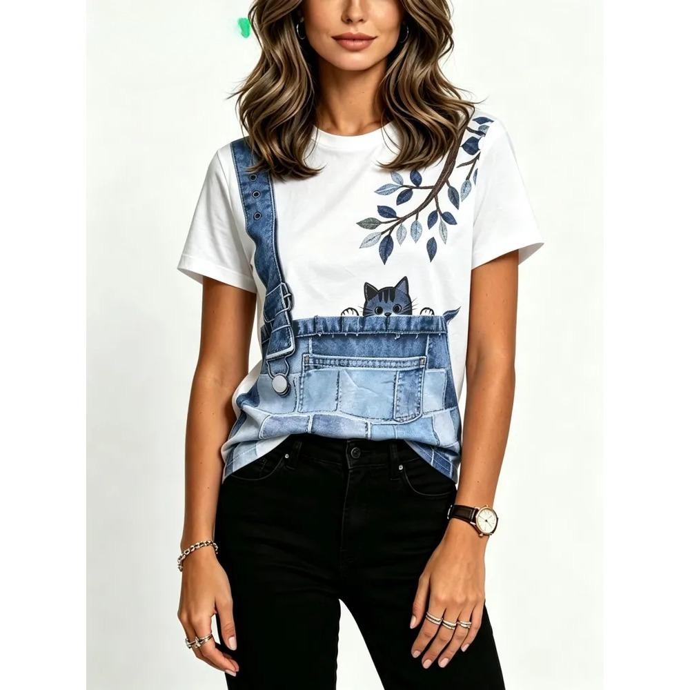 Summer Denim Pattern 3D Print Loose Short Sleeve T-shirt Breathable Women Casual Comfortable Creative Versatile Sports T-shirt