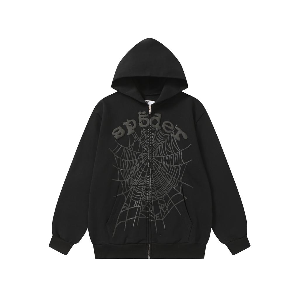 A high-quality SP5DER spider web foam printed hoodie, European and American large-size loose sweater.
