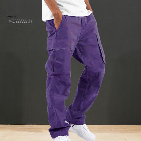 Erkek Kargo Pantolon Çok Cepli Bağcıklı Elastik Bel Ayarlanabilir Bacak Büyük Beden Bol Düz Renk Spor Salonu Açık Hava Uzun Harem Pantolon