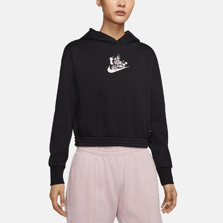 Nike Floral Print Fleece Pullover Hoodie Women Tops Black DH1375-010