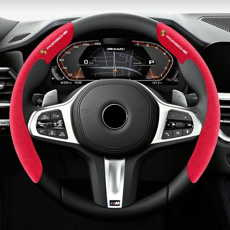 ACDOH1 2Pcs Car Steering Wheel Cover Suede Anti-slip Cover For Porsche 911 Cayenne Carrera-GT 928 Panamera Boxster Macan 918-Spyder 968