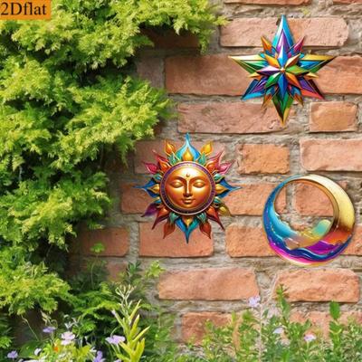 Lot de 3 Décorations Murales Soleil Lune Étoiles Sans Percage Intérieur Extérieur Soleil Lune Étoiles Ensemble d'Art Mural en Bois Imperméable Résistant aux UV Accroches Murales Bohèmes pour Jardin