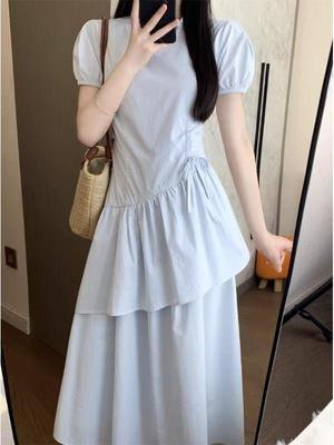 Korean Style Blue Puff Sleeve Drawstring Waist Dress for Women - Summer 2026 Collection