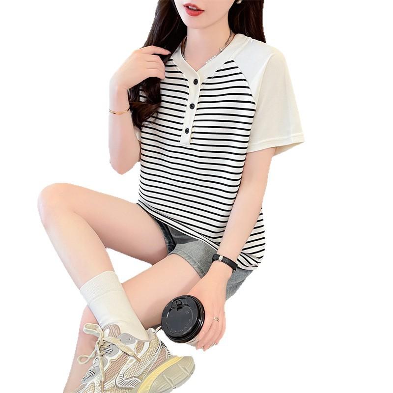 American retro striped color matching shoulder round neck short-sleeved t-shirt women's summer loose trendy brand hiphop Hong Kong style top