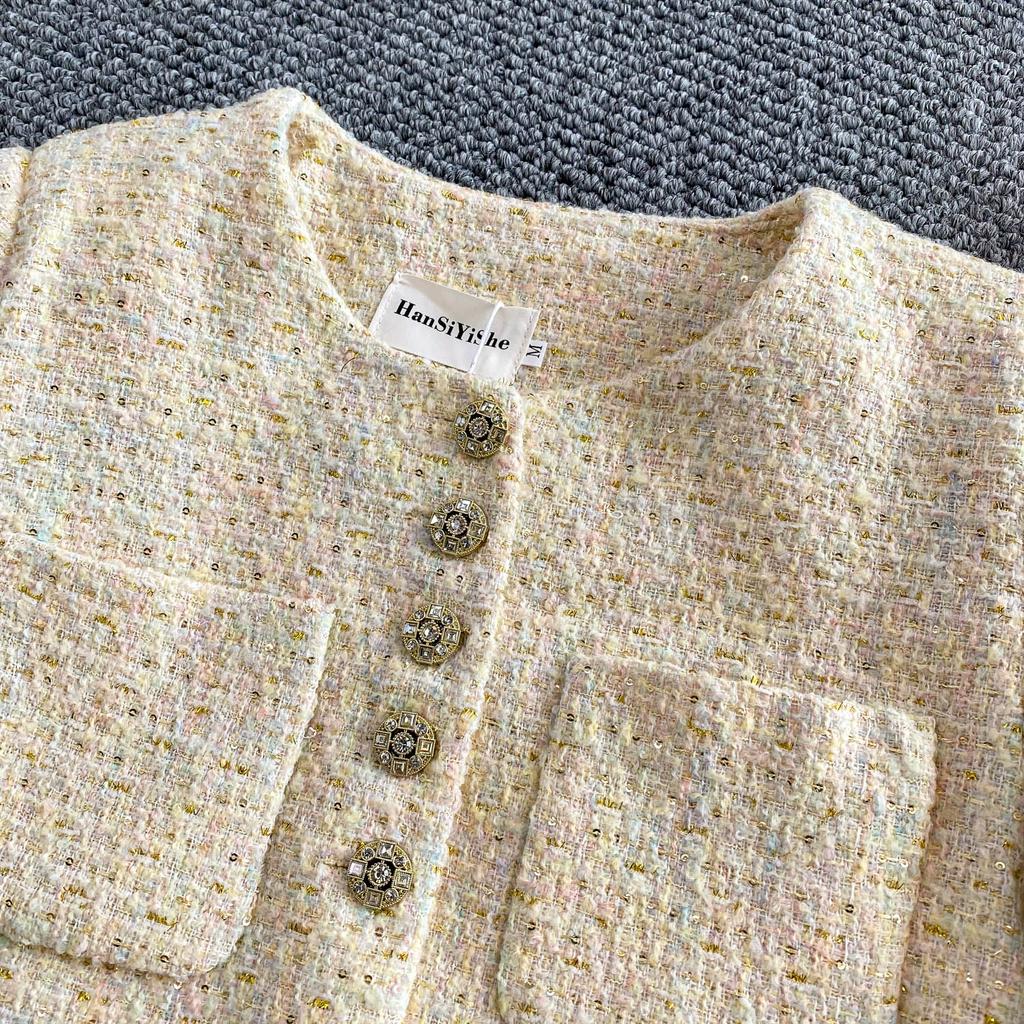 Autumn Winter Women Elegant Little Fragrant Wind Full Sleeve Single Breasted Tweed Short Jacket Coat With Pocket