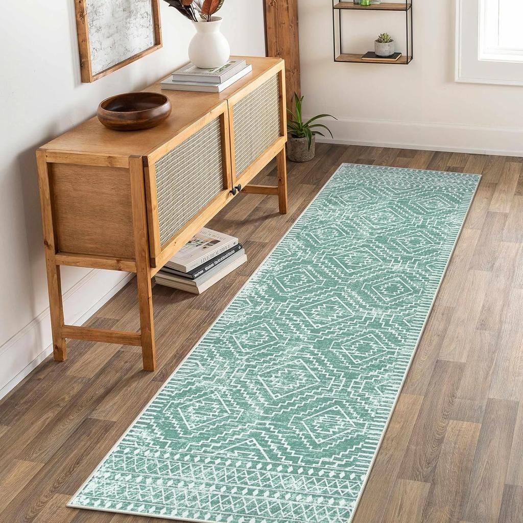 Moroccan Style Carpet for Living Room Retro Washable Farmhouse Bedroom Black Boho Non-Slip Floor Mat Soft Rug for Kitchen Entry