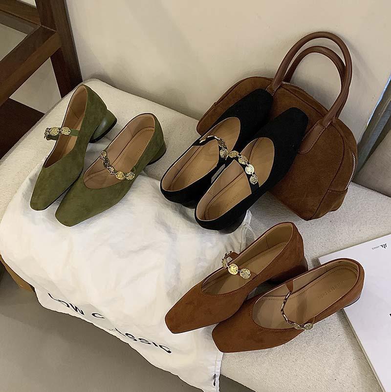 Green shoes shoes women's 2025 new autumn and winter suede square head gold coin chain velvet Mary Jane women's shoes