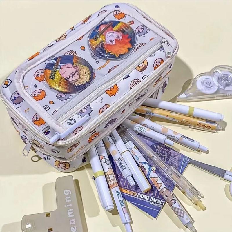 Anime Haikyuu!! Flip Cover Transparent Pencil Case Cartoon Multi-layer Large Capacity Stationery Bag Student Learning Supplies