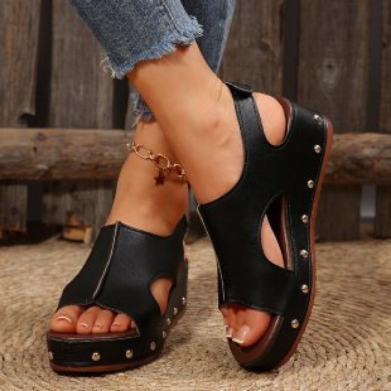 New Women's Shoes Muffin Thick-soled Wedge Sandals Women's Velcro Rivets Flat-bottomed Fish Mouth Sandals