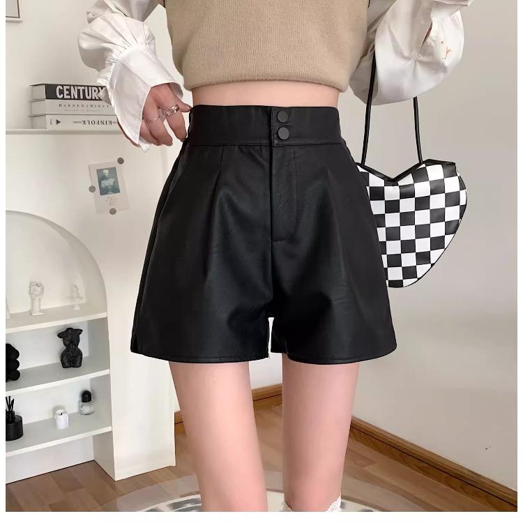 

Women s Fall Outer Wear High Waisted Slimming Loose Wide Leg PU Leather Shorts Ins Trendy Mini Shorts Versatile Slim Fit Hot Pants 4XL чорний