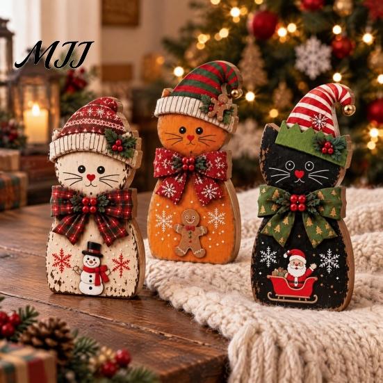 Tiered Tray Display Set 3Pcs Wooden Christmas Cat Tabletop Decor, Rustic 2D Figurines with Xmas Indoor Winter Home Decorations Hat, Santa &