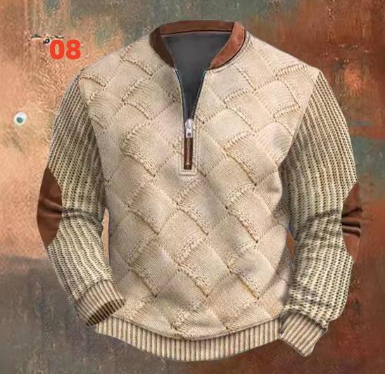 

Men s Casual Printed Pullover Jacket with Half Zip Front Patchwork Long Sleeves Ribbed Hem and Cuffs Crew Neck Design M бежевый