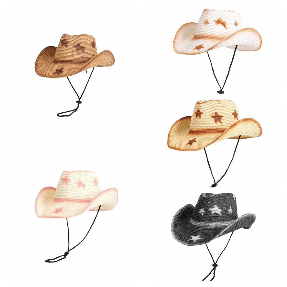Wide Brim Western Cowboy Hat Star Cowgirl Visor Cap Classic Grass Hat Travel