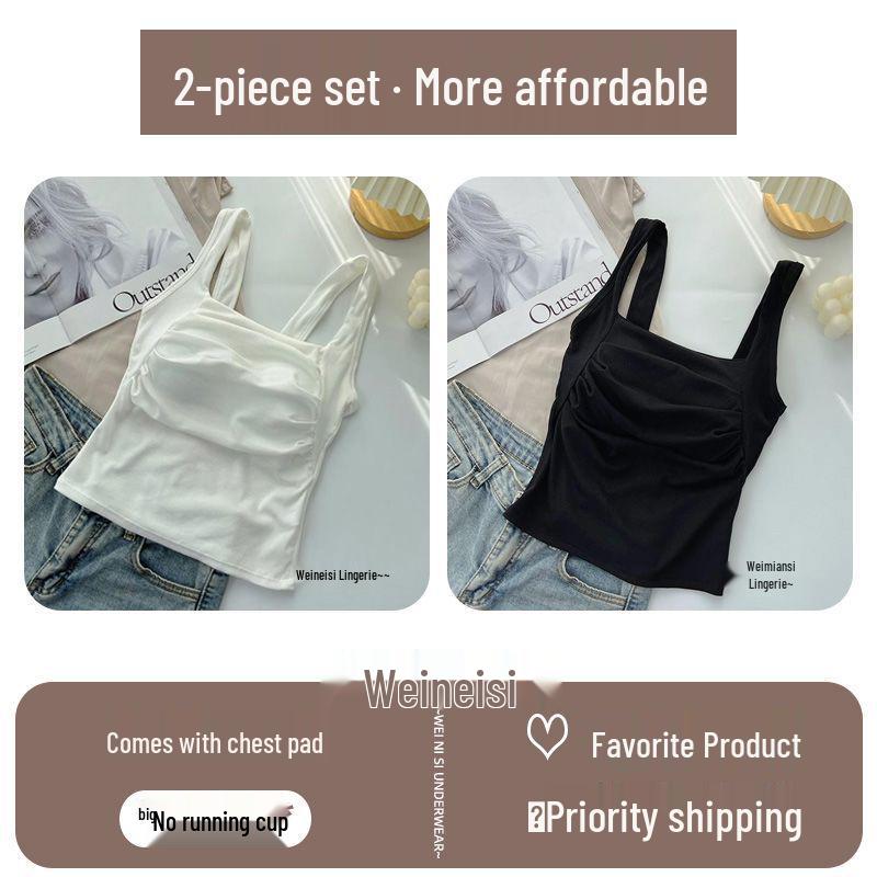 Korean Ruffled Spaghetti Strap Women's Tank with Chest Pads - Sexy Backless Slimming Base Layer