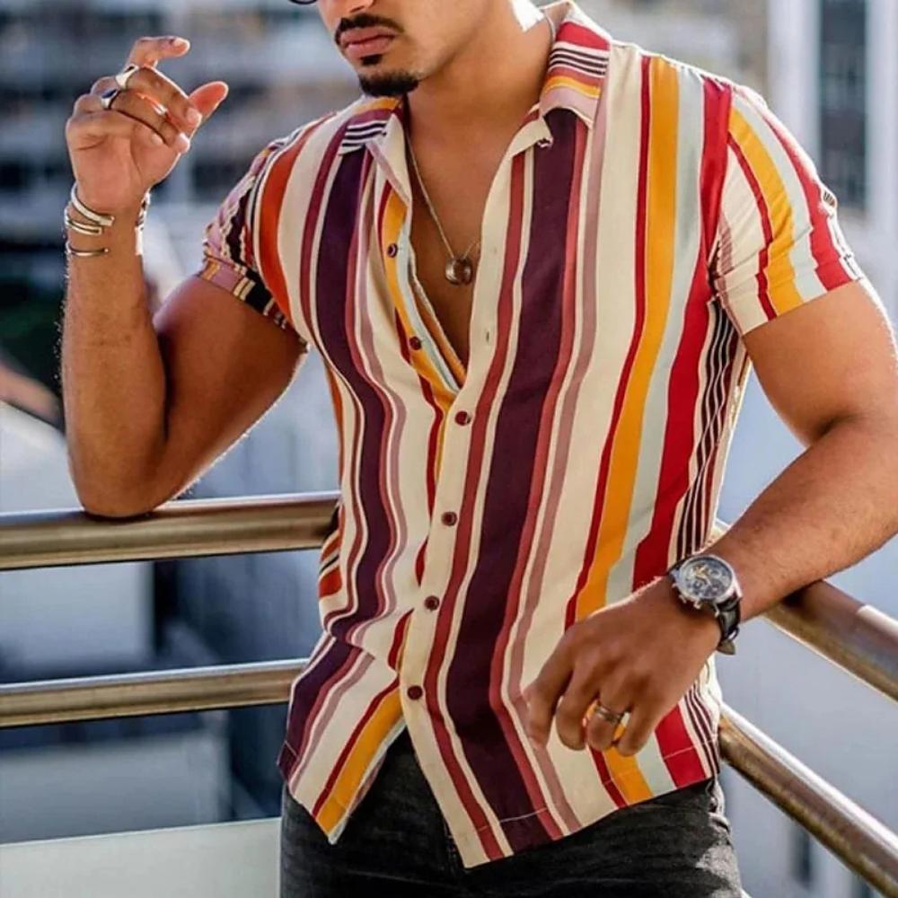 New Men's Striped Print Shirt, Casual Short Sleeve Turn-down Collar Summer Tops