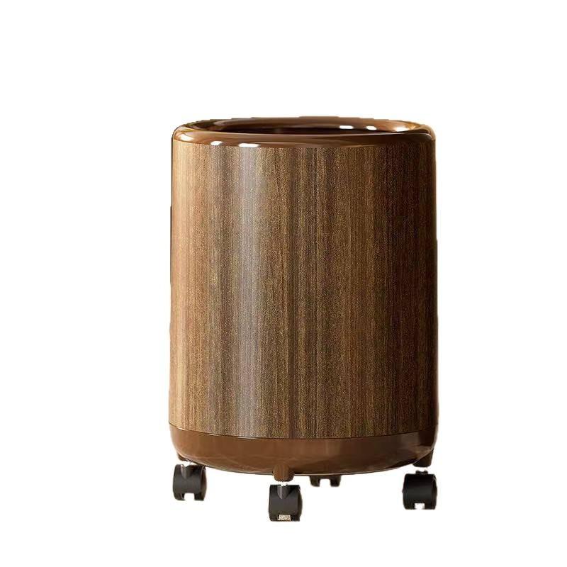 Wood Grain Trash Can with Wheels, Large Round Opening Simple Design Garbage Bin for Home, Movable Easy-Clean Storage Container