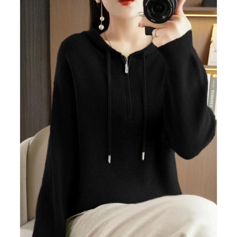 Hooded Solid Color Semi-new Drawstring Sweater Zipper Casual Loose Women's Pullover Andy Velvet Long-sleeved Bottoming Top