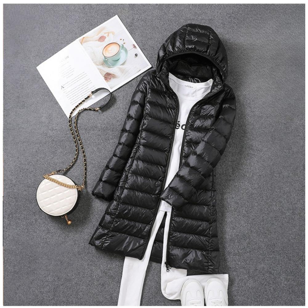 Women's Detachable Hood Long Sleeve Mid‑Length Down Jacket Loose Fit Casual Puffer Coat Plus Size Lightweight Outerwear