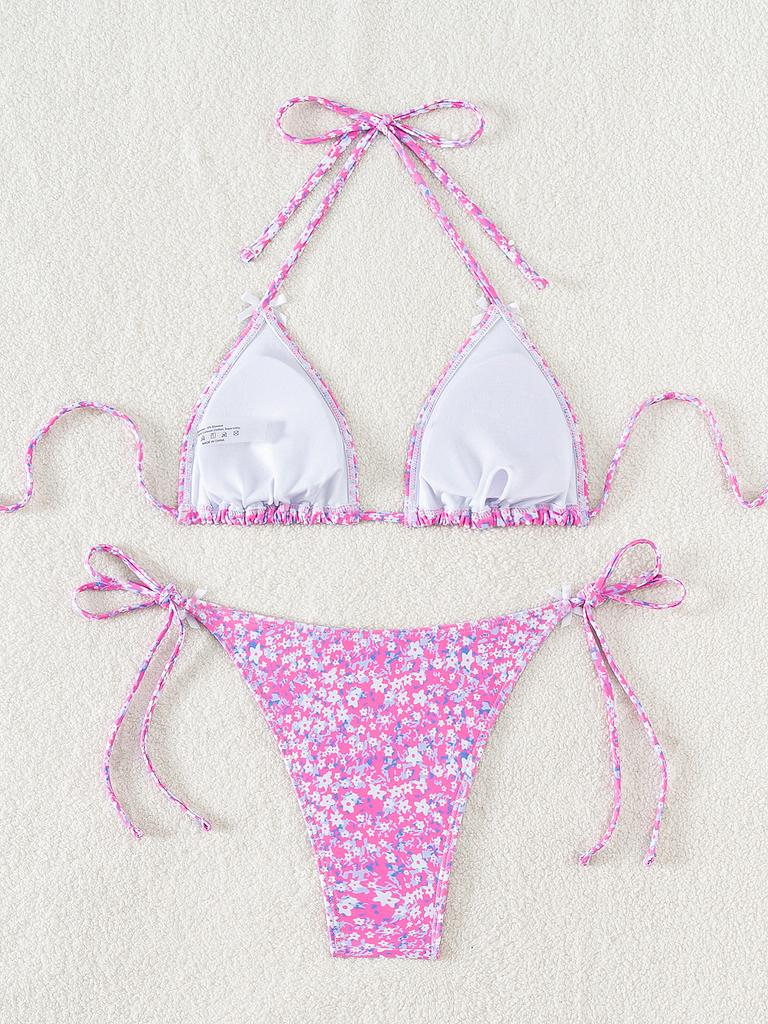 Damski strój kąpielowy z kwiecistą kokardką seksowna trójkątna torba wiązanie po bokach bikini z niską talią kostiumy kąpielowe kostiumy kąpielowe