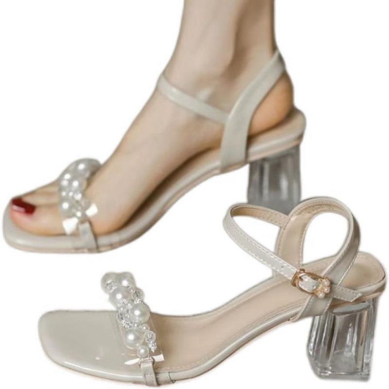 High-heeled Sandals New Pearl Square Head Transparent Thick-heeled Sandals Lady Pearl Buckle Sandals