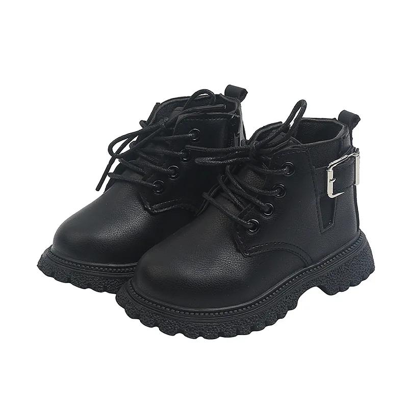 Autumn/Winter Children Boots Boys Girls Leather Ankle Boots Buckle Fashion Non-slip Warm Handsome Kids Boots Shoes E08241
