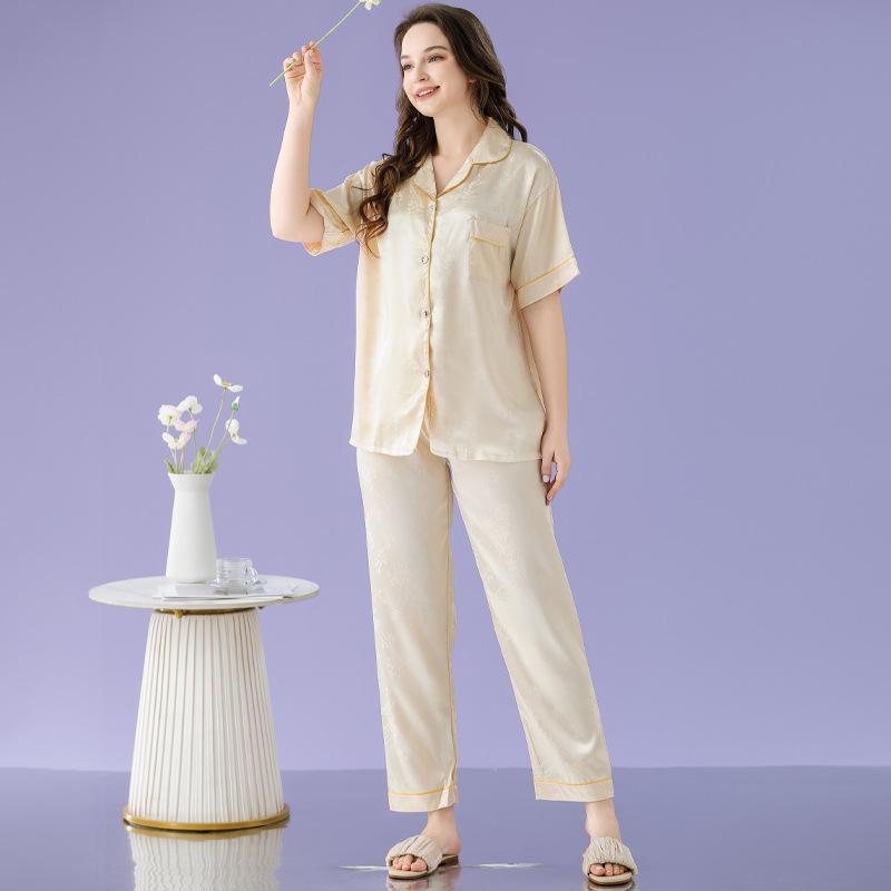 High-End Ice Silk Pajamas Women'S Autumn Short-Sleeved Trousers Fashion High-End Loungewear Suit Can Be Worn Outside