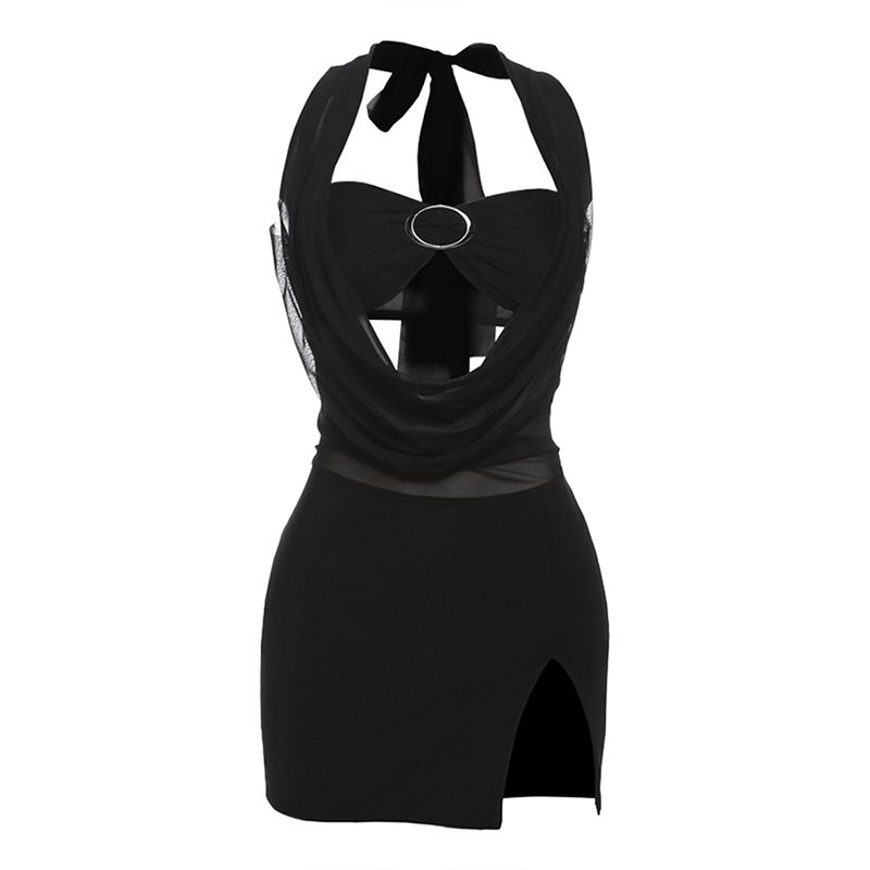 

# Sisjuly# All Black European and American Sexy Black Swing Collar Black Hanging Neck Dress Slit Hip Skirt Women Black S