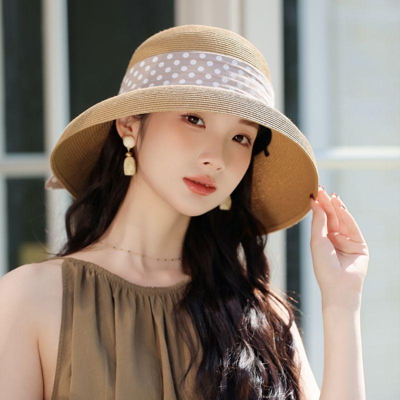 Sommar Ny Hatt Dam Polka Dot Streamer Solhatt Hepburn Stil Lafite Stråhatt Rese Solhatt